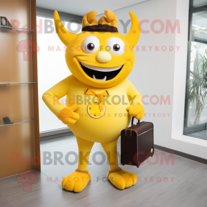 Yellow Devil mascot costume character dressed with a Capri Pants and Briefcases