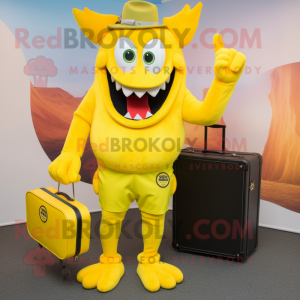 Yellow Devil mascot costume character dressed with a Capri Pants and Briefcases