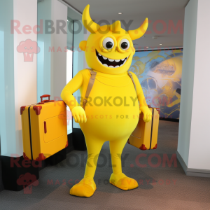 Yellow Devil mascot costume character dressed with a Capri Pants and Briefcases