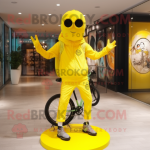 Lemon Yellow Unicyclist mascot costume character dressed with a Hoodie and Keychains