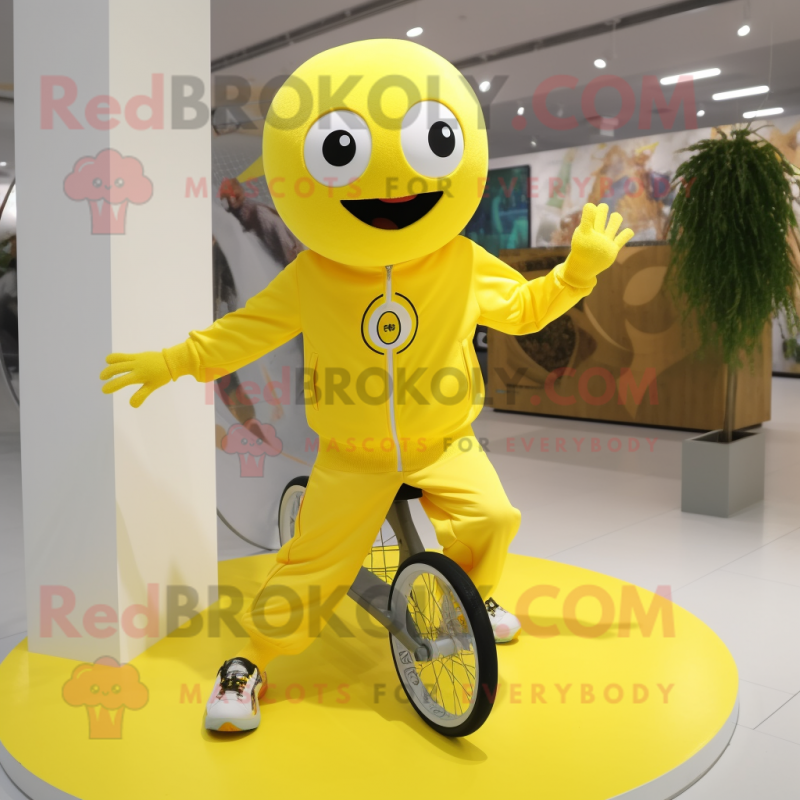 Lemon Yellow Unicyclist mascot costume character dressed with a Hoodie and Keychains