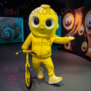 Lemon Yellow Unicyclist mascot costume character dressed with a Hoodie and Keychains