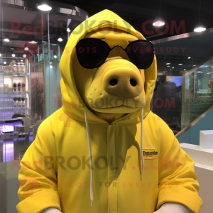 Lemon Yellow Hippopotamus mascot costume character dressed with a Hoodie and Sunglasses