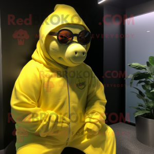 Lemon Yellow Hippopotamus mascot costume character dressed with a Hoodie and Sunglasses