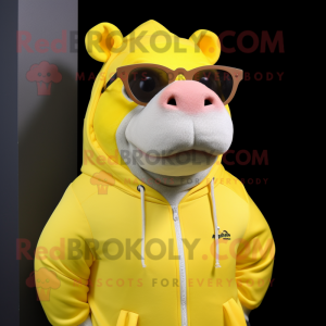 Lemon Yellow Hippopotamus mascot costume character dressed with a Hoodie and Sunglasses