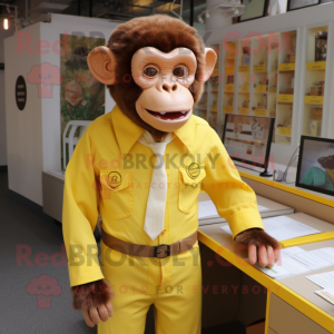 Yellow Chimpanzee mascot costume character dressed with a Poplin Shirt and Tie pins