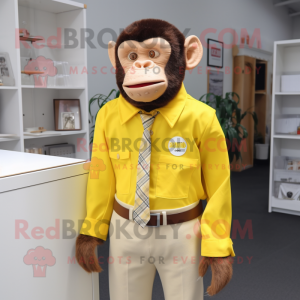 Yellow Chimpanzee mascot costume character dressed with a Poplin Shirt and Tie pins