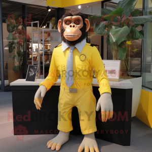 Yellow Chimpanzee mascot costume character dressed with a Poplin Shirt and Tie pins