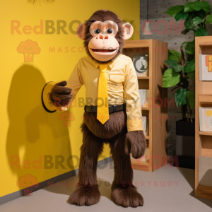 Yellow Chimpanzee mascot costume character dressed with a Poplin Shirt and Tie pins