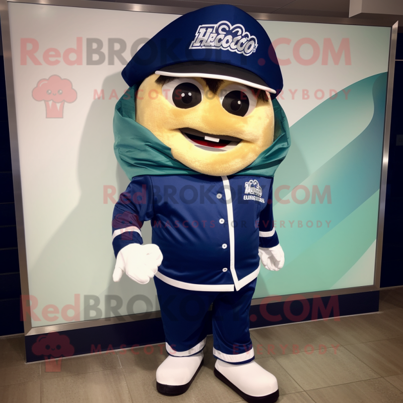 Navy Tacos mascot costume character dressed with a Windbreaker and Shoe laces Navy Tacos mascot costume character dressed with a Windbreaker and Shoe laces
