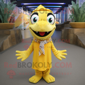 Yellow Barracuda mascot costume character dressed with a Shift Dress and Scarves