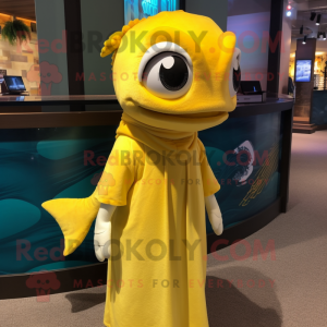 Yellow Barracuda mascot costume character dressed with a Shift Dress and Scarves