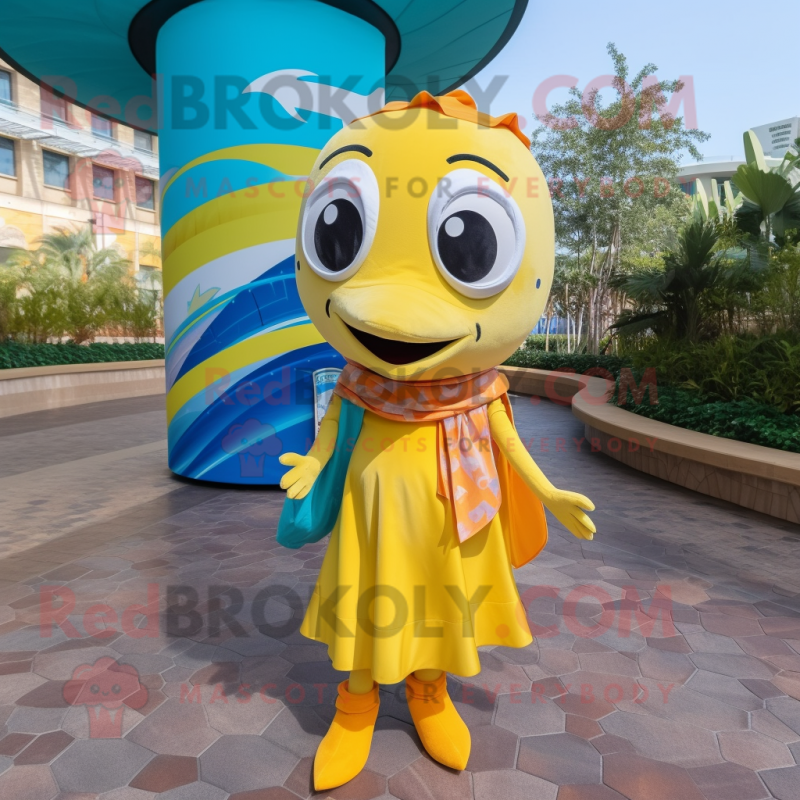 Yellow Barracuda mascot costume character dressed with a Shift Dress and Scarves