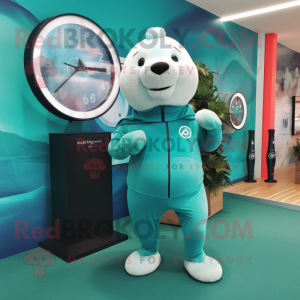 Teal Seal mascot costume character dressed with a Leggings and Digital watches