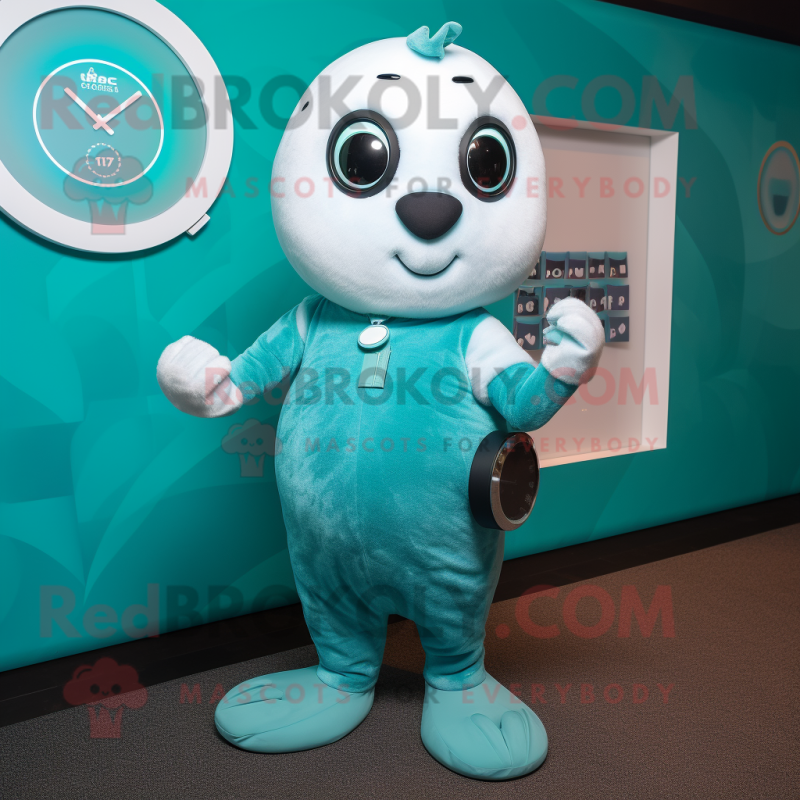 Teal Seal mascot costume character dressed with a Leggings and Digital watches