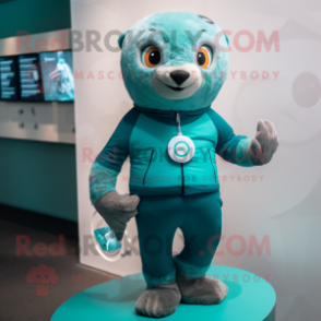 Teal Seal mascot costume character dressed with a Leggings and Digital watches