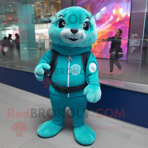 Teal Seal mascot costume character dressed with a Leggings and Digital watches