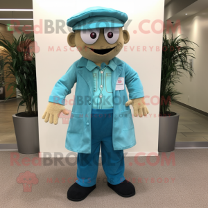 Turquoise Doctor mascot costume character dressed with a Corduroy Pants and Berets