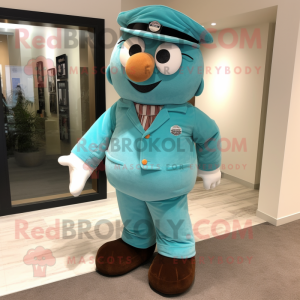 Turquoise Doctor mascot costume character dressed with a Corduroy Pants and Berets