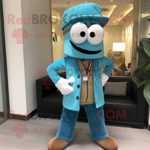 Turquoise Doctor mascot costume character dressed with a Corduroy Pants and Berets