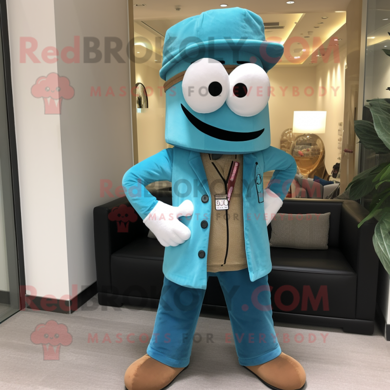 Turquoise Doctor mascot costume character dressed with a Corduroy Pants and Berets