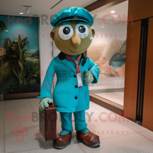 Turquoise Doctor mascot costume character dressed with a Corduroy Pants and Berets