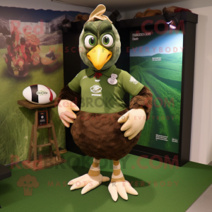 Olive Hens mascot costume character dressed with a Rugby Shirt and Earrings