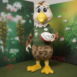 Olive Hens mascot costume character dressed with a Rugby Shirt and Earrings