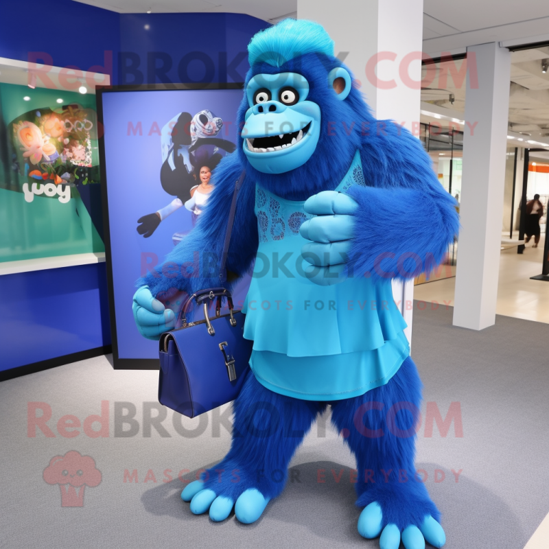 Blue Gorilla mascot costume character dressed with a Pencil Skirt and Handbags