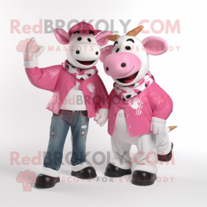 Pink Holstein Cow mascot costume character dressed with a Boyfriend Jeans and Mittens