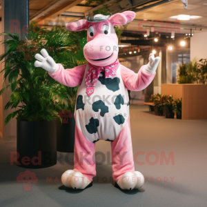 Pink Holstein Cow mascot costume character dressed with a Boyfriend Jeans and Mittens