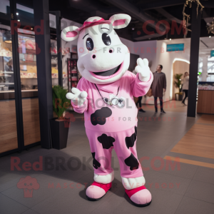 Pink Holstein Cow mascot costume character dressed with a Boyfriend Jeans and Mittens