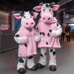 Pink Holstein Cow mascot costume character dressed with a Boyfriend Jeans and Mittens