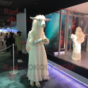 White Angora Goat mascot costume character dressed with a Evening Gown and Watches