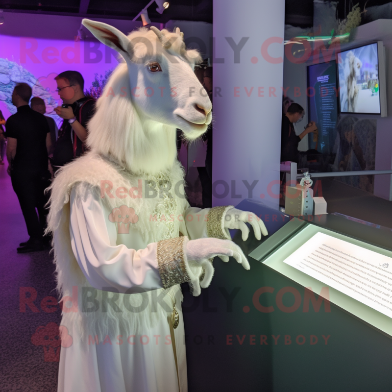 White Angora Goat mascot costume character dressed with a Evening Gown and Watches White Angora Goat mascot costume character dressed with a Evening Gown and Watches