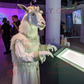 White Angora Goat mascot costume character dressed with a Evening Gown and Watches