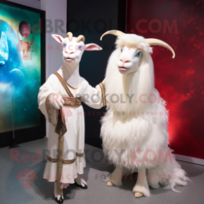 White Angora Goat mascot costume character dressed with a Evening Gown and Watches