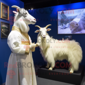 White Angora Goat mascot costume character dressed with a Evening Gown and Watches