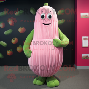 Pink Cucumber mascot costume character dressed with a Dress and Bracelets