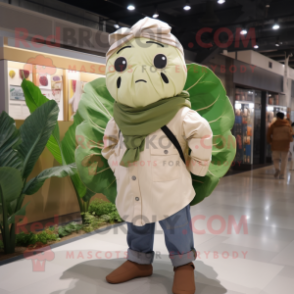 Tan Cabbage Leaf mascot costume character dressed with a Poplin Shirt and Scarves