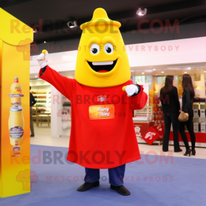 Yellow Bottle Of Ketchup mascot costume character dressed with a Jeans and Keychains