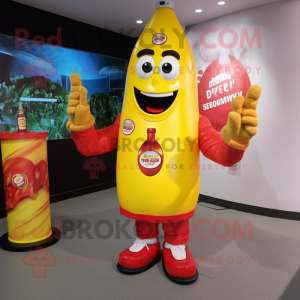 Yellow Bottle Of Ketchup mascot costume character dressed with a Jeans and Keychains