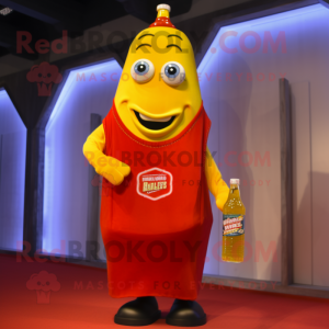 Yellow Bottle Of Ketchup mascot costume character dressed with a Jeans and Keychains