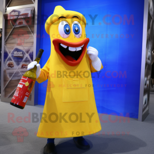 Yellow Bottle Of Ketchup mascot costume character dressed with a Jeans and Keychains
