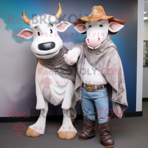 Silver Beef Stroganoff mascot costume character dressed with a Boyfriend Jeans and Scarves