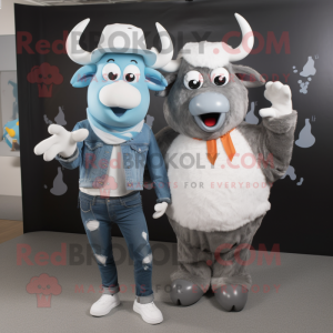 Silver Beef Stroganoff mascot costume character dressed with a Boyfriend Jeans and Scarves