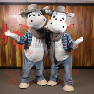 Silver Beef Stroganoff mascot costume character dressed with a Boyfriend Jeans and Scarves