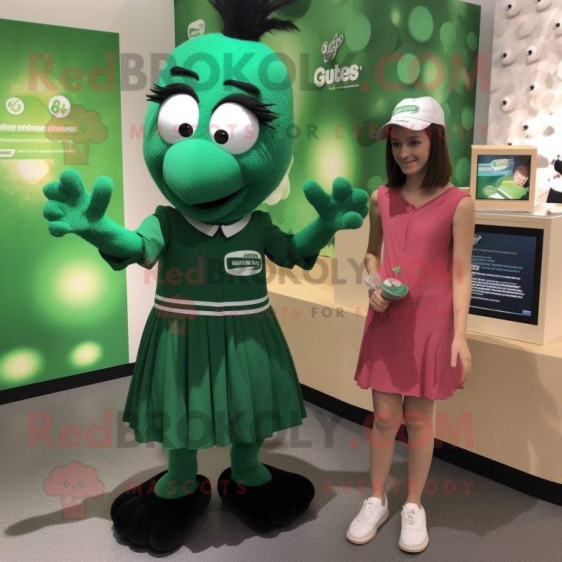 Forest Green Moussaka mascot costume character dressed with a Pleated Skirt and Watches Forest Green Moussaka mascot costume character dressed with a Pleated Skirt and Watches