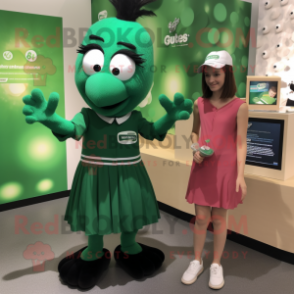 Forest Green Moussaka mascot costume character dressed with a Pleated Skirt and Watches