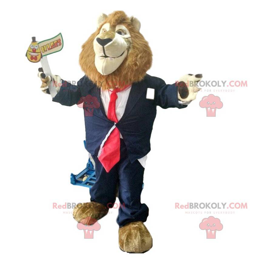 Mascote leão com terno de gravata e disfarce elegante -